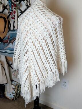 Vintage Handmade Crochet Fringe Shawl Cottagecore Prairie Festival Wrap